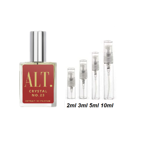 ALT Fragrances Crystal No 23 Sample, Image Shows 2ml, 3ml, 5ml & 10ml Travel Size Crystal 23 Perfume Samples