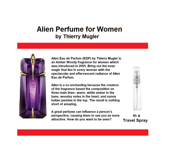 Alien Perfume for Women, EDP, Text Image of Scent Description for Travel Size Alien Perfume Samples