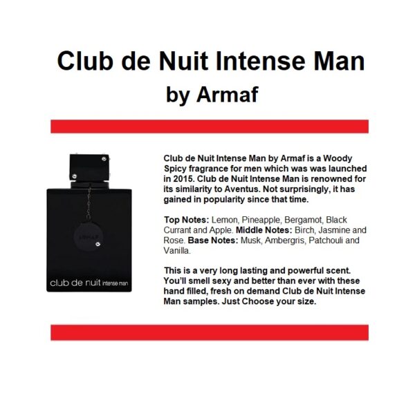 Club De Nuit Intense Man Samples, Text Image Shows Details of Scent Profile