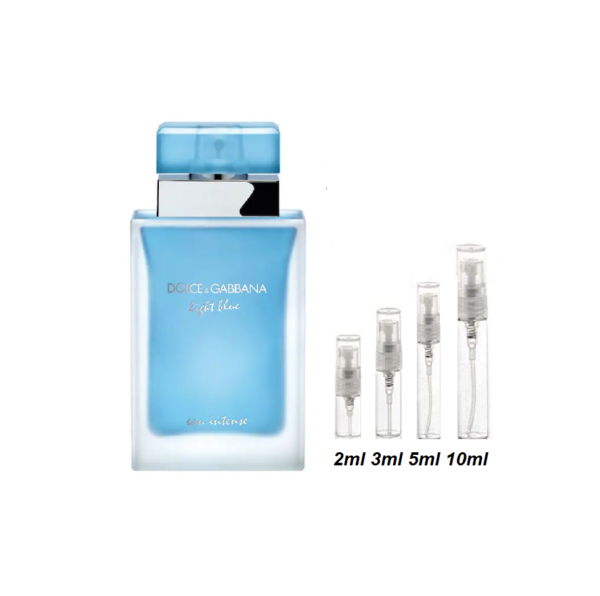 D&G Light Blue Intense Perfume Samples, Image Shows 2ml, 3ml, 5ml & 10ml Travel Size Women's D&G Light Blue Intense Perfume Samples