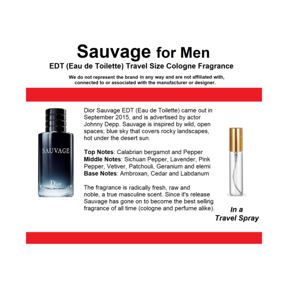 Sauvage Cologne Samples, Text Image of Description and Scent Profile for Sauvage 10ml Sample