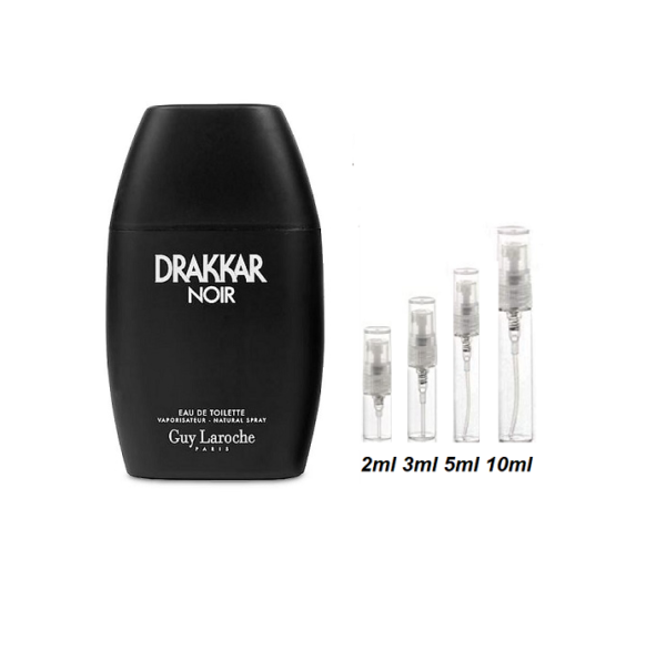 Drakkar Noir Cologne Samples, Image of 2ml, 3ml, 5ml and 10ml Travel Size Guy Laroche Drakkar Samples