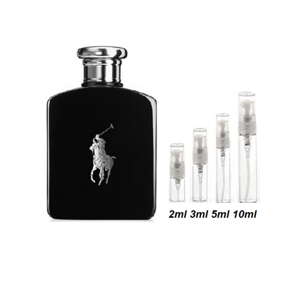 Polo Black Cologne Samples, Detailed Product Image of 2ml, 3ml, 5ml and 10ml Travel Size Polo Black Cologne Samples