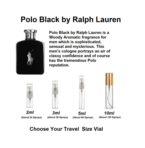 Polo Black by Ralph Lauren, text image shows scent profile and 2ml, 3ml, 5ml and 10ml travel size Polo Black samples