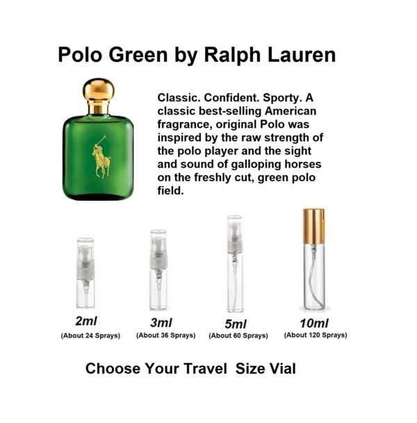 Polo Green by Ralph Lauren, text image shows scent profile and 2ml, 3ml, 5ml and 10ml travel size Polo Green samples