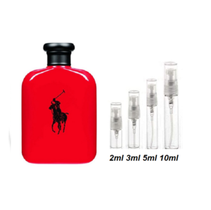 Polo Red Cologne Samples, Ad Image of Bottle and 2ml, 3ml, 5ml, 10ml Travel Size Samples