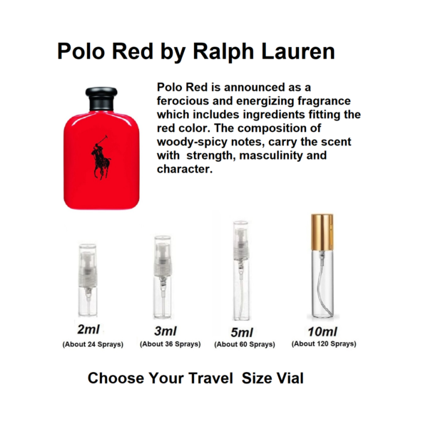 Polo Red by Ralph Lauren, text image shows scent profile and 2ml, 3ml, 5ml and 10ml travel size Polo Red samples