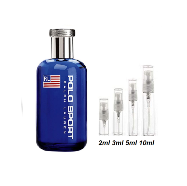 Polo Sport Cologne Samples, Ad Image of Bottle and Trial Size Travel Size Polo Sport Cologne Samplers