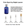 Polo Sport by Ralph Lauren, text image shows scent profile and 2ml, 3ml, 5ml and 10ml travel size Polo Sport samples