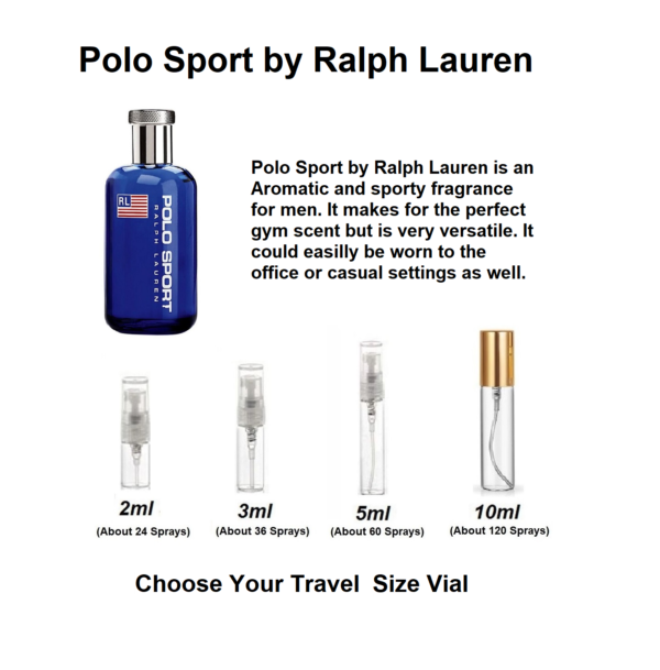 Polo Sport by Ralph Lauren, text image shows scent profile and 2ml, 3ml, 5ml and 10ml travel size Polo Sport samples